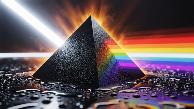 Abstract prism pyramid dispersing white light into rainbow spectrum on wet reflective surface, futuristic physics concept, colorful refraction energy background in cinematic 4K.