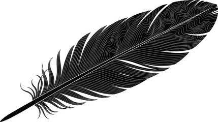 Fototapeta premium Detailed black silhouette of a single bird feather, elegant design on white background.