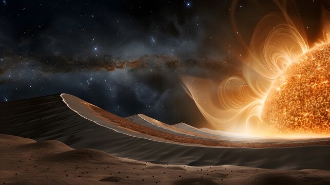 Abstract depiction of a giant sun rising over desert sand dunes under a starry milky way galaxy background.