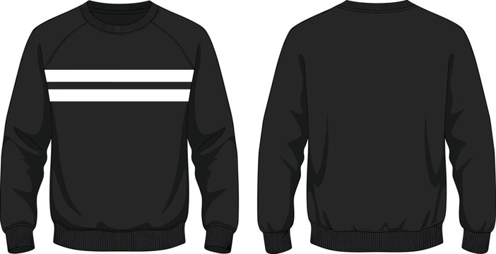 Black sweatshirt fashion sketch, white chest stripes, ribbed cuffs and hem, front and back view, CAD drawing, flat vector illustration