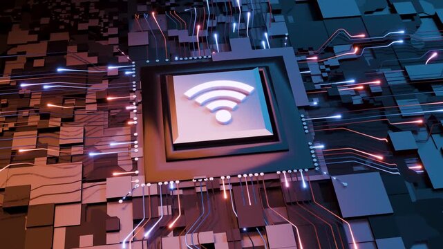 Description (EN):
3D animation of a WiFi microchip connected to a circuit board with dynamic signal waves and flowing data. Represents wireless communication and internet connectivity.