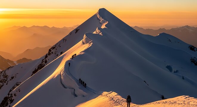 Majestic Snow-Capped Mountain Peak During Sunrise with Clear Sky.