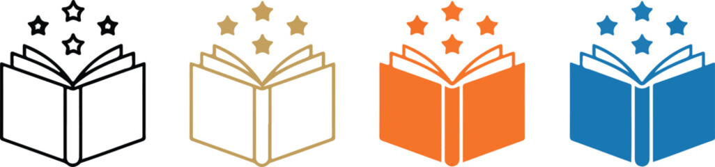 Open book with magic stars vector icon set featuring education storytelling and imagination symbols in colorful flat and black outline styles isolated on white. © MDALAMGIR