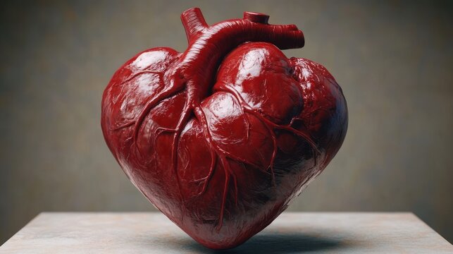 Realistic anatomical heart resting on a table with visible arteries and aorta, glossy red surface under dramatic lighting, visceral and evocative