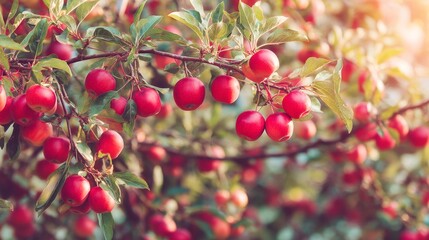 Obraz premium Abundant Red Apples on a Branch Surrounded by Green Leaves in a Sunlit Orchard Conveying Freshness and Natural Beauty of the Harvest Season