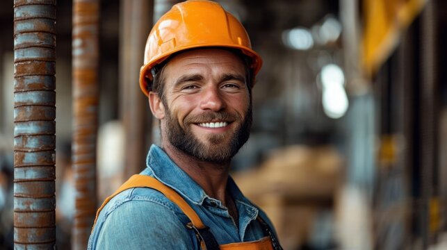 construction worker in orange hard hat and harness wearing denim shirt beside rusted rebar at an industrial construction site, conveying determination