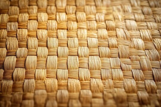 close-up of woven natural fiber mat with checker pattern, warm golden tones and cozy rustic texture