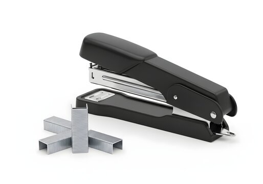 A practical black stapler rests beside unfastened metal staples, signifying efficient document organization and effective office supplies for administrative tasks