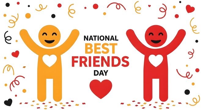 National best friends day greeting card with two happy colorful figures and confetti