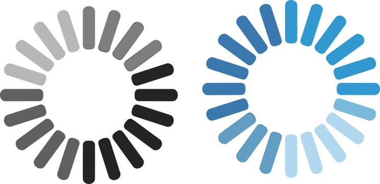 Digital loading progress indicator icon set featuring blue and gray circular buffering wheels for website and mobile app interface
