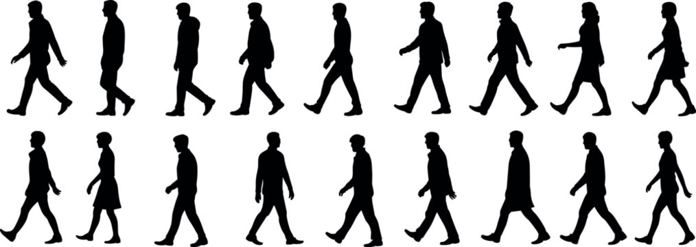Silhouettes of diverse people walking in motion, isolated on white background, representing lifestyle, posture, stride, fitness, and crowd movement