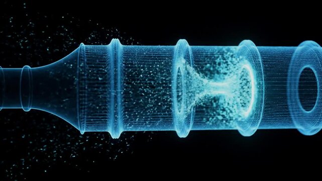 Abstract Blue Wireframe Particle Accelerator with Glowing Rings