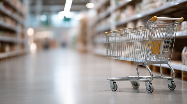 Empty Cart in Supermarket Aisle: An empty shopping cart sits patiently in a supermarket aisle, waiting to be filled, with products neatly arranged on shelves in the background.