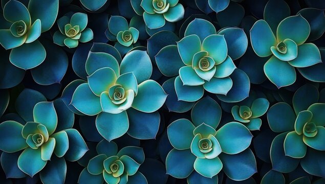 close-up of teal rosette succulents filling the frame with layered fleshy leaves, creating a serene and calming pattern
