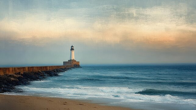 lonely lighthouse on a long stone pier with rocky breakwater and gentle waves lapping a sandy beach under a soft pastel sunrise sky, peaceful and contemplative
