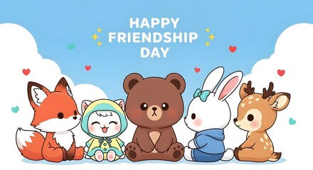 Happy friendship day illustration featuring cute cartoon animals including a fox, cat, bear, rabbit, and deer sitting together