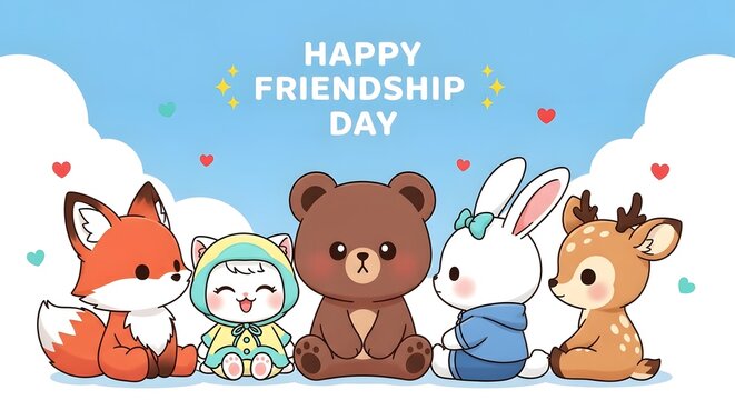 Happy friendship day illustration featuring cute cartoon animals including a fox, cat, bear, rabbit, and deer sitting together