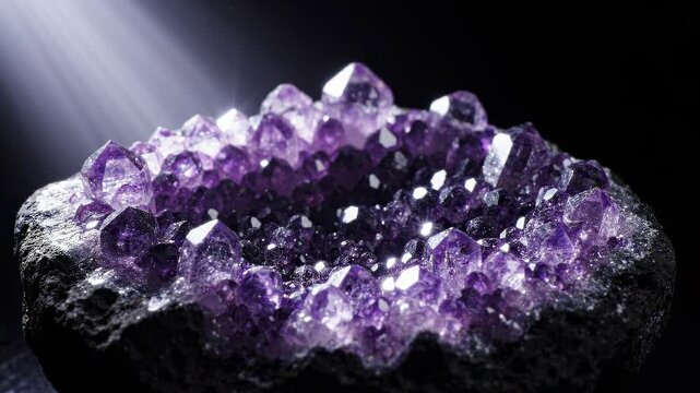 Amethyst geode with sparkling purple crystals.