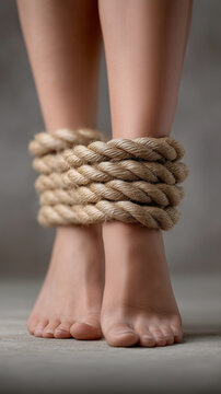 Bound Feet: A close-up shot captures bare feet tied securely with a thick rope, evoking feelings of confinement, restriction, and vulnerability. The composition highlights the tension and constraint.