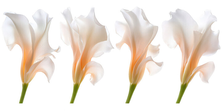 Row of white cyclamen flowers and marbled green leaves isolated on png transparent background