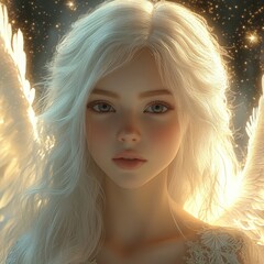 Fototapeta premium serene ethereal angel with long white hair and glowing golden feathered wings, lace gown and sparkling starlight background, face obscured by soft blur, heavenly light