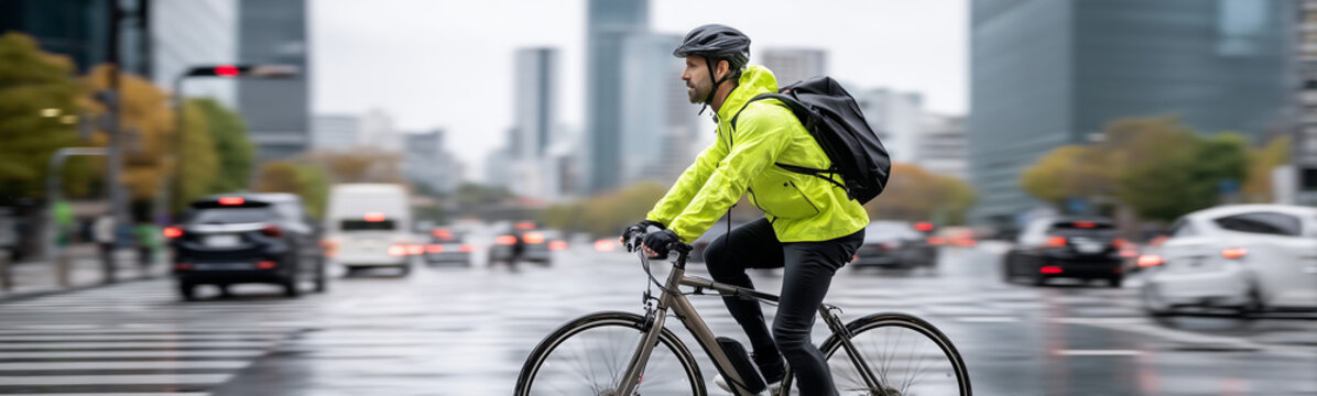 Urban Cyclist: A cyclist navigates a city street on a rainy day, their form a symbol of urban mobility. They traverse the wet asphalt, a seamless part of the metropolitan flow.