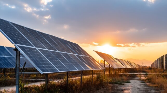 Bright Sunset Over Solar Panels in a Renewable Energy Field with a Beautiful Sky and Vibrant Colors, Showcasing Sustainable Technology and Nature Harmony