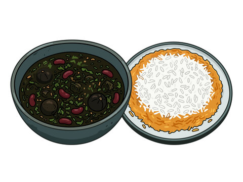Persian herb stew ghormeh sabzi with rice vector illustration