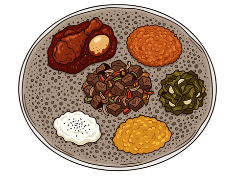 Ethiopian injera flatbread with meat tibs and vegetables vector illustration