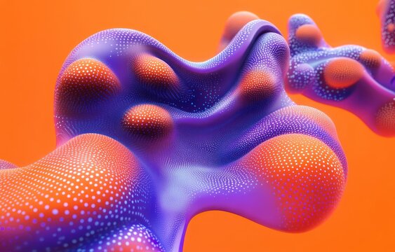 vibrant smooth purple and orange organic blobs covered in tiny white dots floating against a bright orange background, glossy biomorphic forms with an energetic playful mood