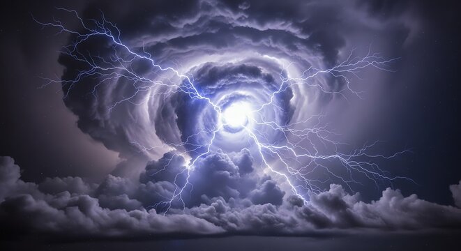 Dramatic lightning storm illuminating dark cloudy sky with intense energy.