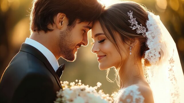 bride and groom touching foreheads in an intimate romantic embrace at golden hour, bride in lace veil with floral hairpiece holding bouquet, groom in dark suit