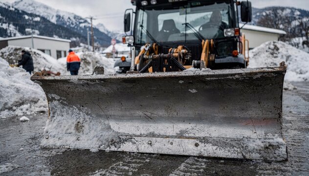 Closeup medium shot of a heavyduty snow plow vehicle in a mountain town municipal yard focused on the plow blade with outoffocus workers and snow piles behind.