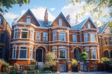 Obraz premium Sunlit row of red brick terraced houses with bay windows, pitched roofs and chimneys, arched doorways, white trim, iron gates and leafy front gardens conveying warm peaceful charm