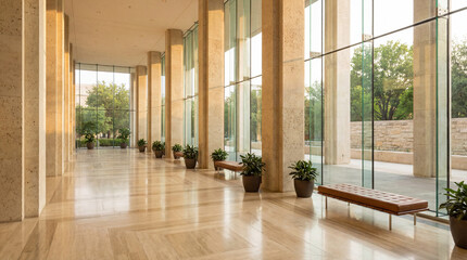Fototapeta premium University Foyer Soaring Limestone Columns Polished Marble Floors Floor To Ceiling Windows Academic Grandeur