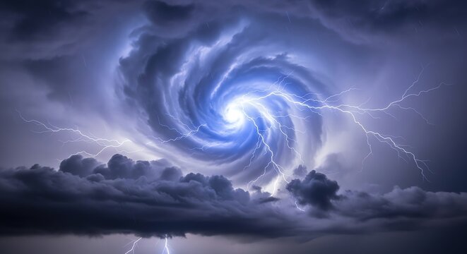 Majestic Night Sky with Spiraling Galaxy and Lightning Storm.