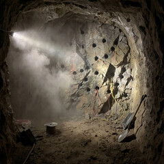 Fototapeta premium POV deep underground blasting tunnel preparation drill holes loaded in rock face mining operation