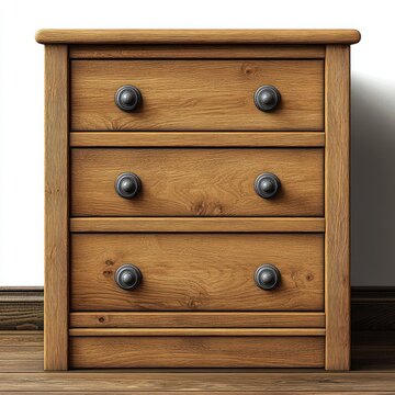 warm wooden three-drawer chest with six round metal knobs on hardwood floor against white wall, simple cozy rustic bedside storage