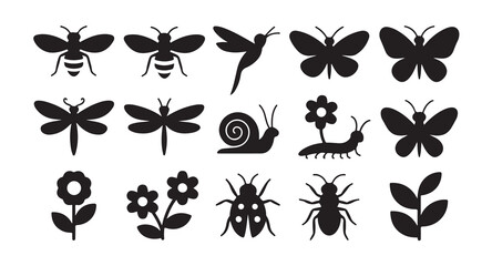 Set of black insect icons including butterflies, dragonflies, bees, snail, ladybug, and flowers. © MDIKRAM