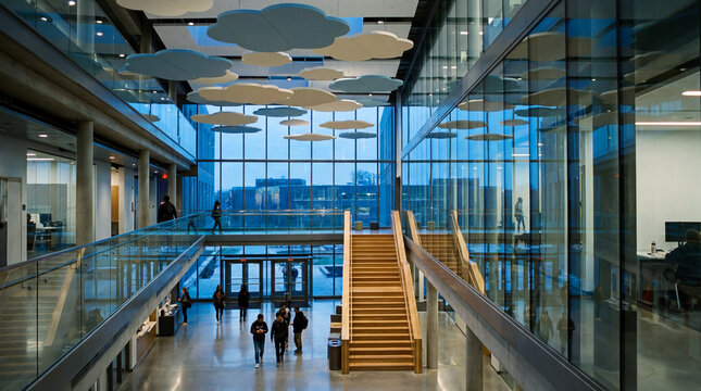 Floating acoustic panels in double height university atrium soft lighting modern architectural interior beautiful space design