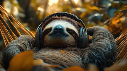Fototapeta premium content sloth lying in a hammock wearing headphones, eyes closed and smiling, surrounded by golden leaves and soft forest light