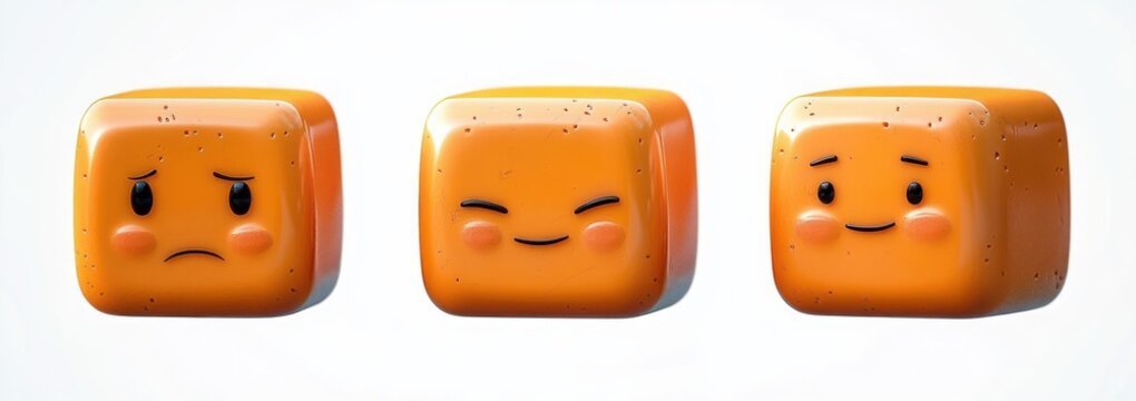 three glossy orange cube characters with blushing cheeks showing sad, smug, and content expressions on a white background