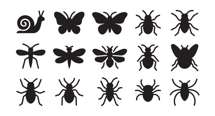 Garden insect silhouette collection with butterfly spider ant bee and snail vector graphics. © MDIKRAM