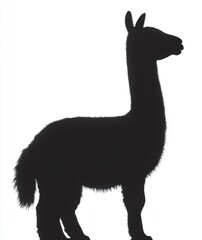 Fototapeta premium silhouette of a standing black llama with long neck, pointed ears, fluffy fur and tail, stoic calm side profile on a white background