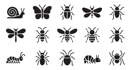 Insect icons set, bug, snail, butterfly, beetle, ant, bee, caterpillar, centipede, spider. © MDIKRAM