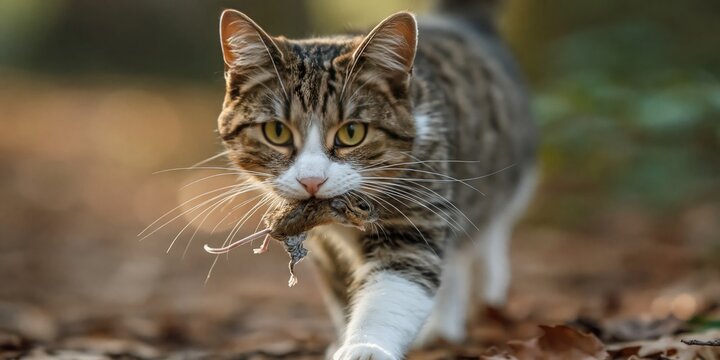 Cat holding its prey - housecat predator hunting a pest