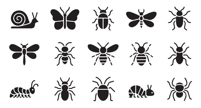 Insect icons set, bug, snail, butterfly, beetle, ant, bee, caterpillar, centipede, spider.