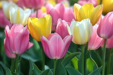 Obraz premium close-up of pink, yellow, and white tulips with green leaves in soft sunlight evoking joyful spring freshness