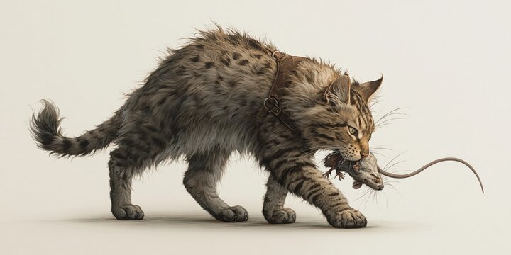 Cat holding its prey - housecat predator hunting a pest