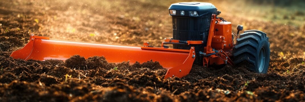 orange tractor with front leveling blade cutting rich soil in a sunlit field, conveying steady hardworking productivity